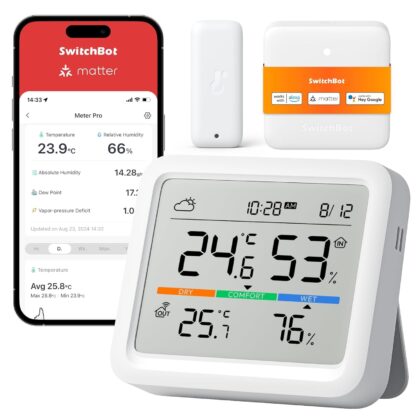 SwitchBot WiFi Weather Stations with Outdoor Sensor Wireless UK, Temperature Humidity Monitor with Date and Weather Forecast, Matter Hub Makes Station Work with Alexa, Apple Homekit, Google Home