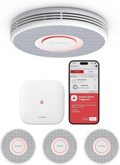 X-Sense Smart Smoke Alarm for Home with English Voice Alerts and 17 Locations, Wi-Fi Smoke Alarm with SBS50 Base Station, Wireless Interlinked Fire Alarm, XS0B-MR31