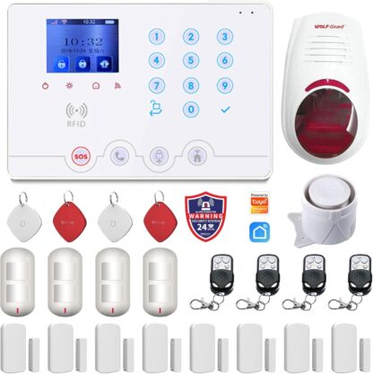 Wolf Guard W4Q-W03 WiFi + 4G Wireless Home Burglar Alarm System Kit. Tuya Smartlife APP Amazon Alexa, with Siren Window Door sensor Motion Detector RFID