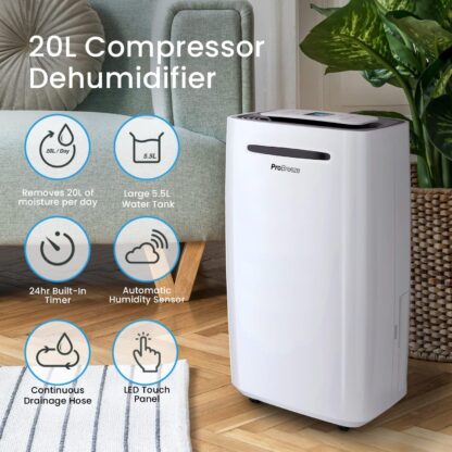 Pro Breeze® 20L/Day Dehumidifier with Digital Humidity Display, Sleep Mode, Continuous Drainage, Laundry Drying and 24 Hour Timer - Ideal for Damp and Condensation - Image 2