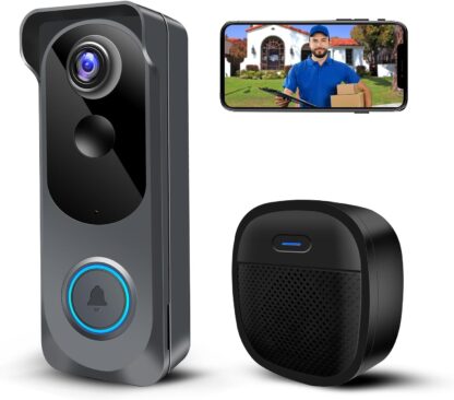 Wireless Video Doorbell Camera with Chime, 1080P Smart WiFi Door Bells Camera, Voice Changer, PIR Motion Detection, 2-Way Audio, Night Vision,Battery Powered, IP66, Works with Alexa & Google Home