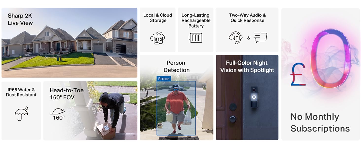 2K Battery-Powered Video Doorbell, Full View, Full Security: Your Doorway Defender